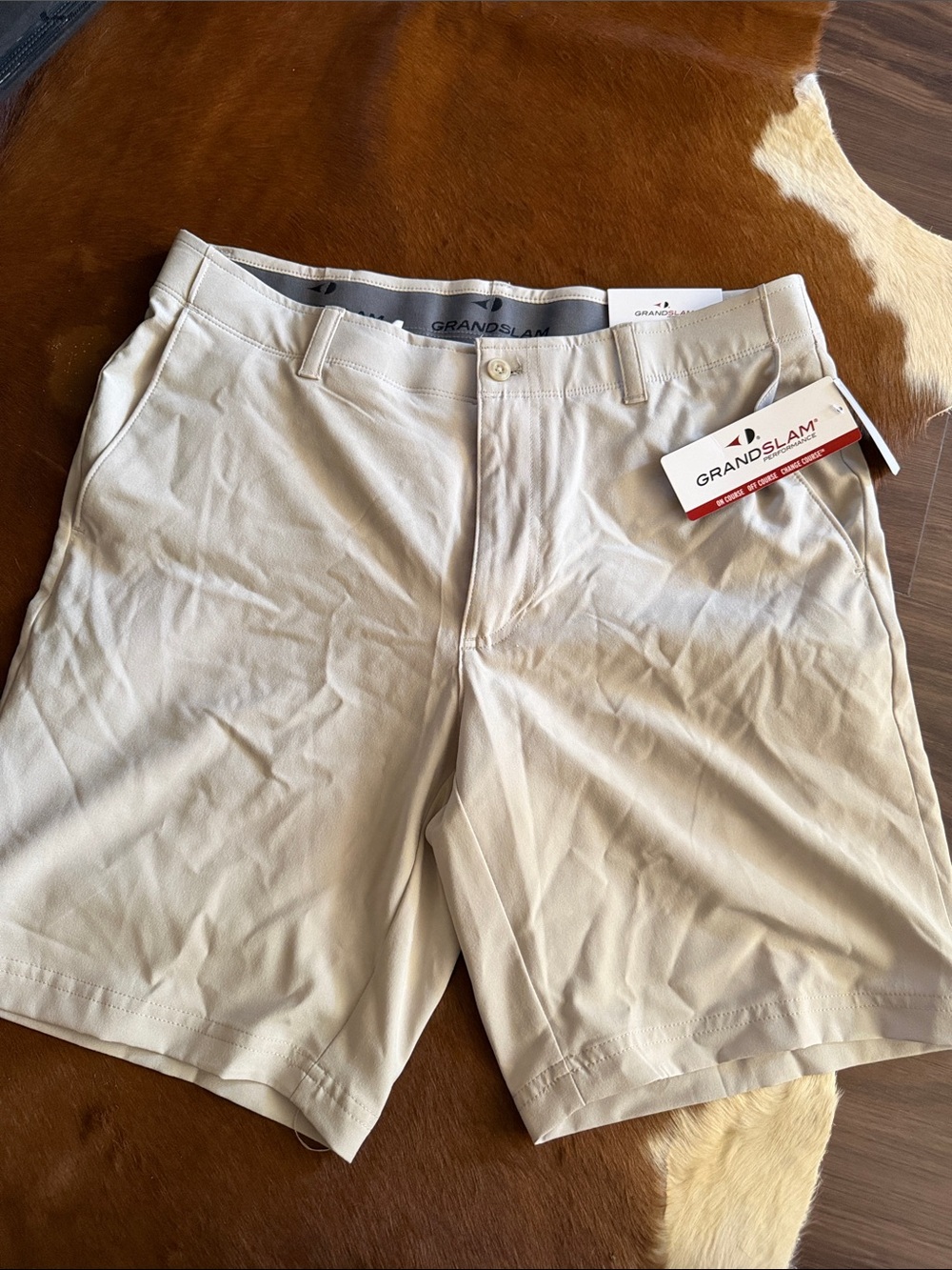 Grand Slam Men's Light Beige Flat Front Golf Shorts